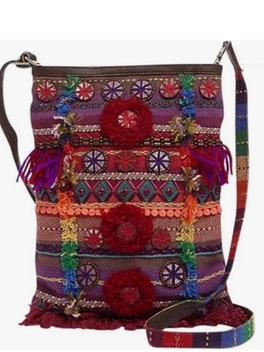 Tom’s Boho Embroidered Crossbody Bag Colorful Pom Pom Artisan Festival Purse